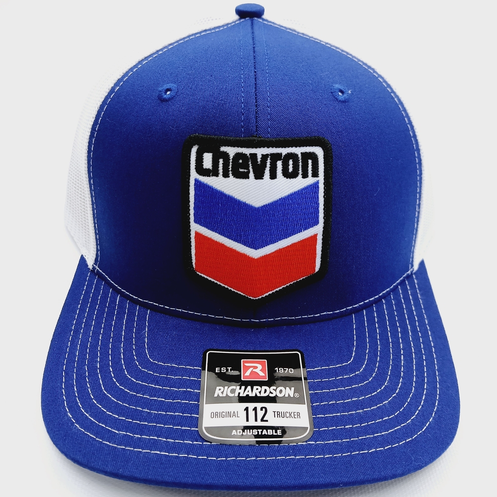 Chevron Patch Blue and White Richardson 112 Mesh Snapback Trucker Hat Cap